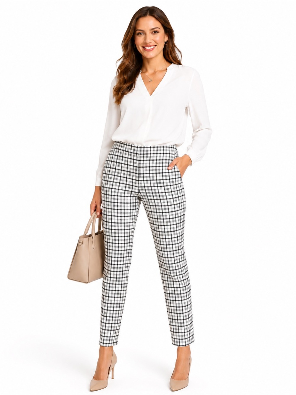 Counterparts Plaid Pull-On Career Pants Size Medium Black White Stretch Slim Leg